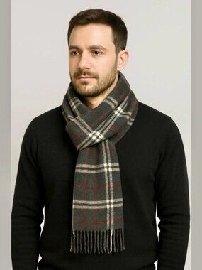 Valentini 100% Wool Grey Tartan Plaid Scarf OS